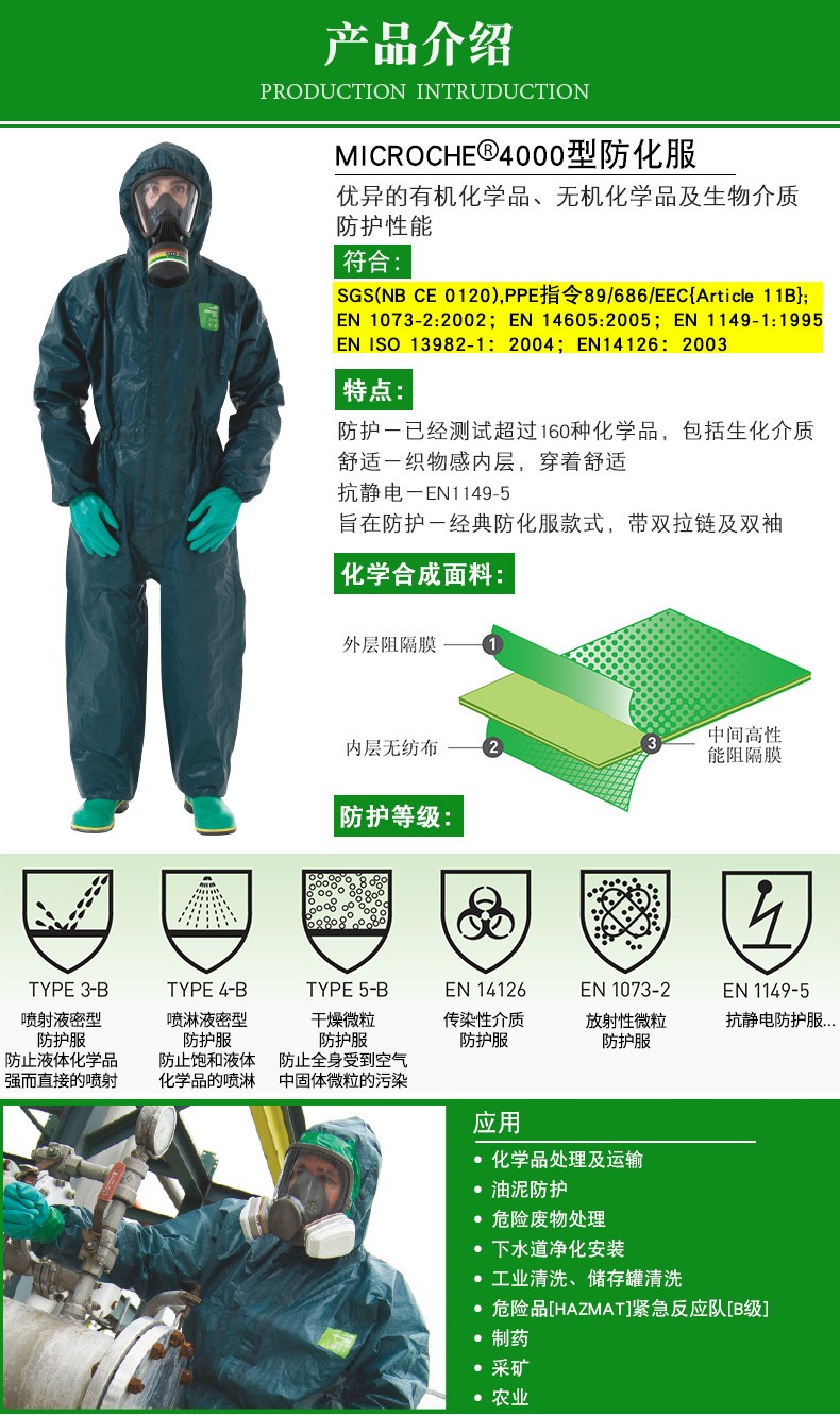 微護佳GR40-T-99-122-02MC4000綠色雙袖雙褲腿帶腳套連體防化服圖片3