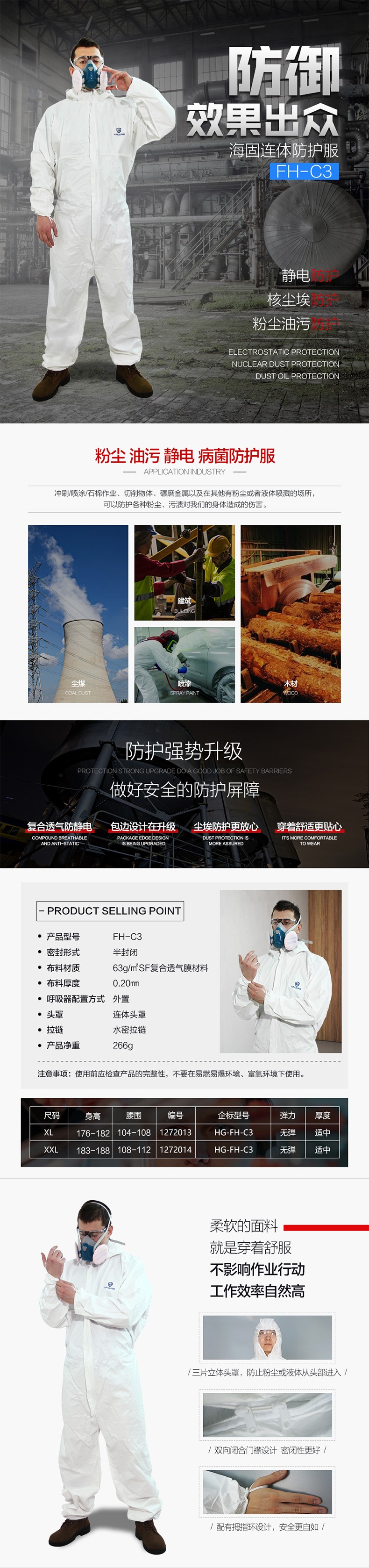 海固FH-C3優越連體防護服 連體防粉塵、油污、靜電、病菌防護服圖片1