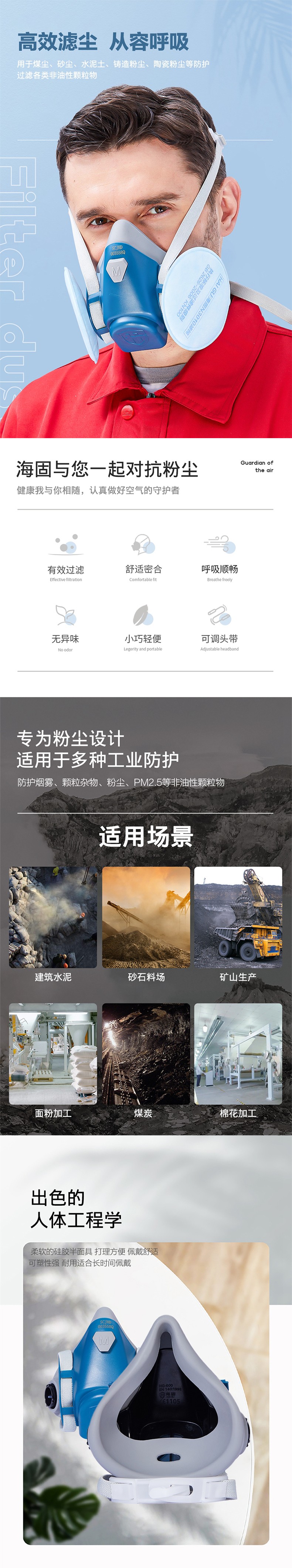 海固HG-600半面罩防塵面具+KN100非油性顆粒物濾棉圖片1