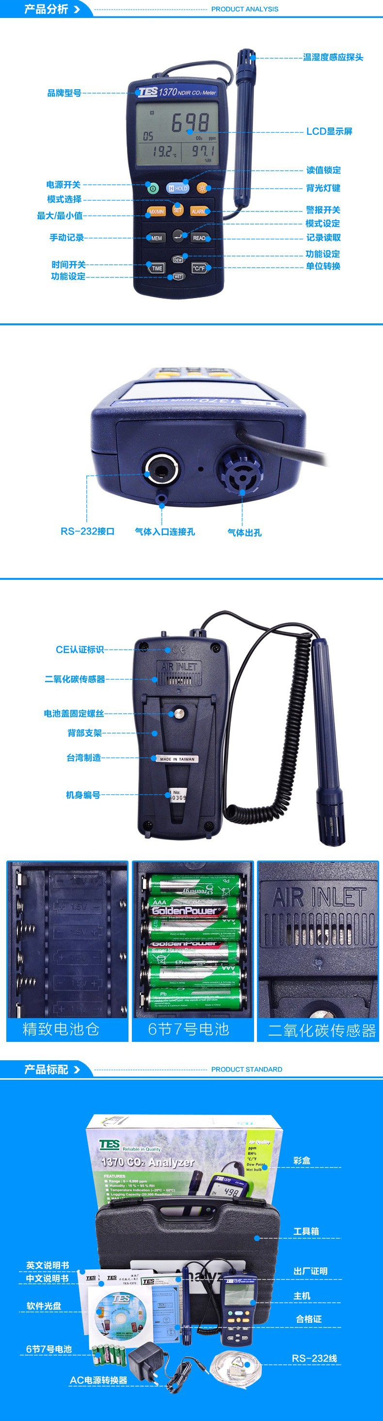臺灣泰仕TES-1370非色散式紅外線二氧化碳測試器圖片1