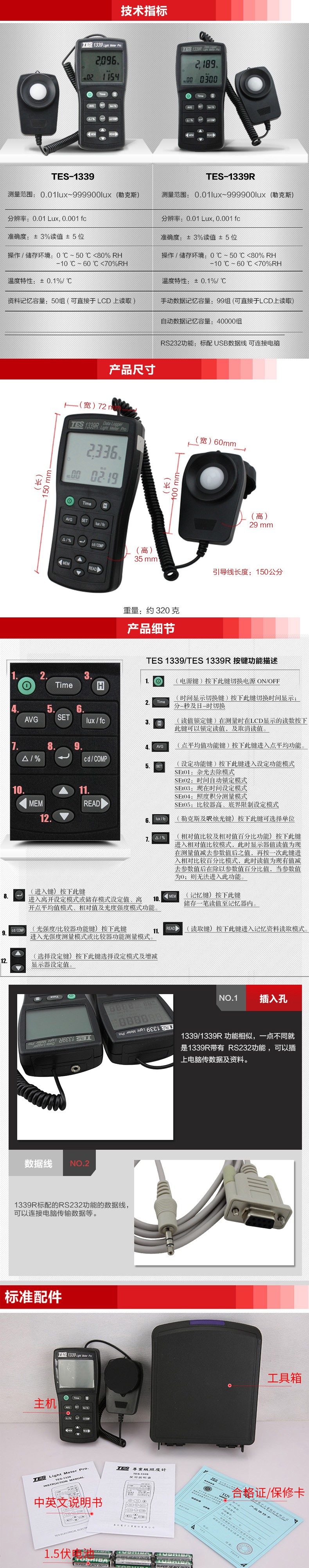 臺灣泰仕TES-1339R專業(yè)級照度計(jì)RS-232圖片2