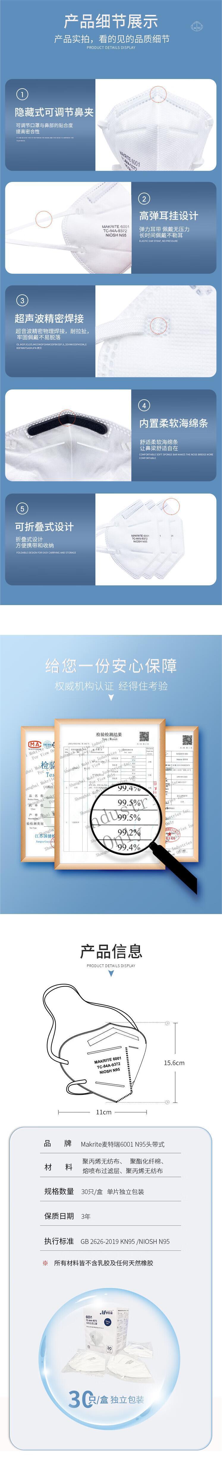 麥特瑞6001 N95白色折疊頭戴式防塵口罩圖片2