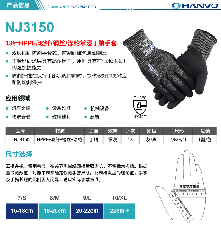 恒輝NJ3150耐磨5級加鋼絲防割手套圖片2