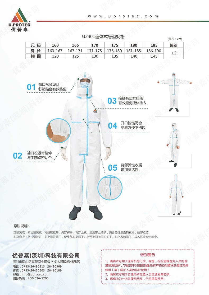 優普泰U2401帶帽連體式醫用防護服2