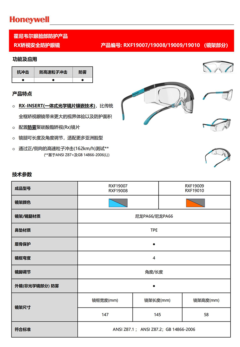 Honeywell霍尼韋爾RXF19008 RX200G防霧防沖擊靜謐藍(lán)矯視安全防護(hù)眼鏡 進(jìn)階款1