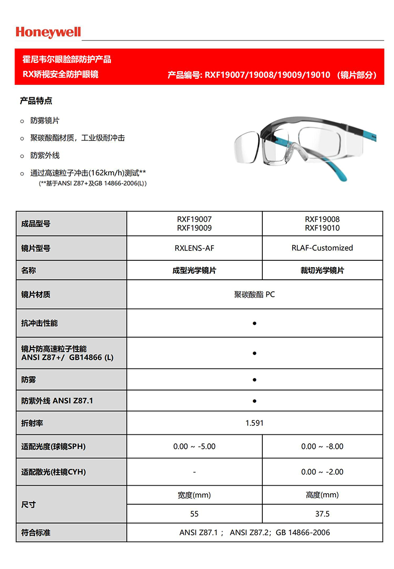 Honeywell霍尼韋爾RXF19008 RX200G防霧防沖擊靜謐藍(lán)矯視安全防護(hù)眼鏡 進(jìn)階款2