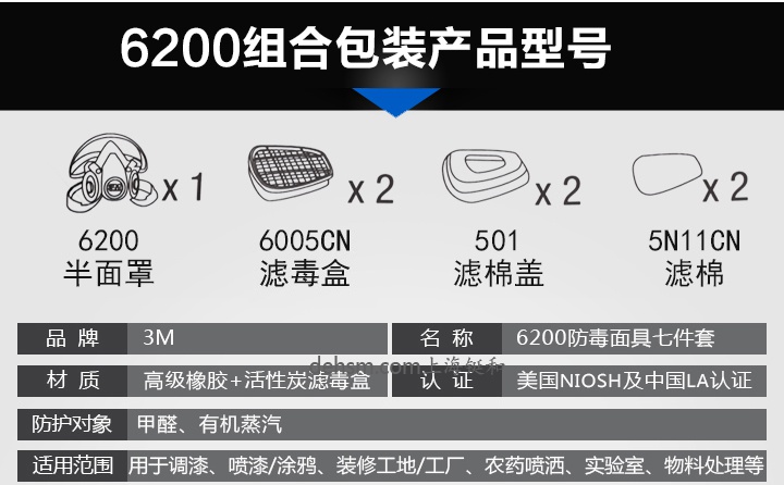 3M6200+6005防有機氣體及甲醛防毒面具組合部件
