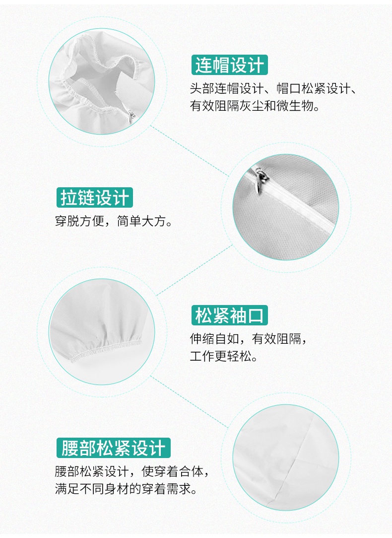一次性醫(yī)用隔離衣帶帽設(shè)計，整個防護性能優(yōu)異